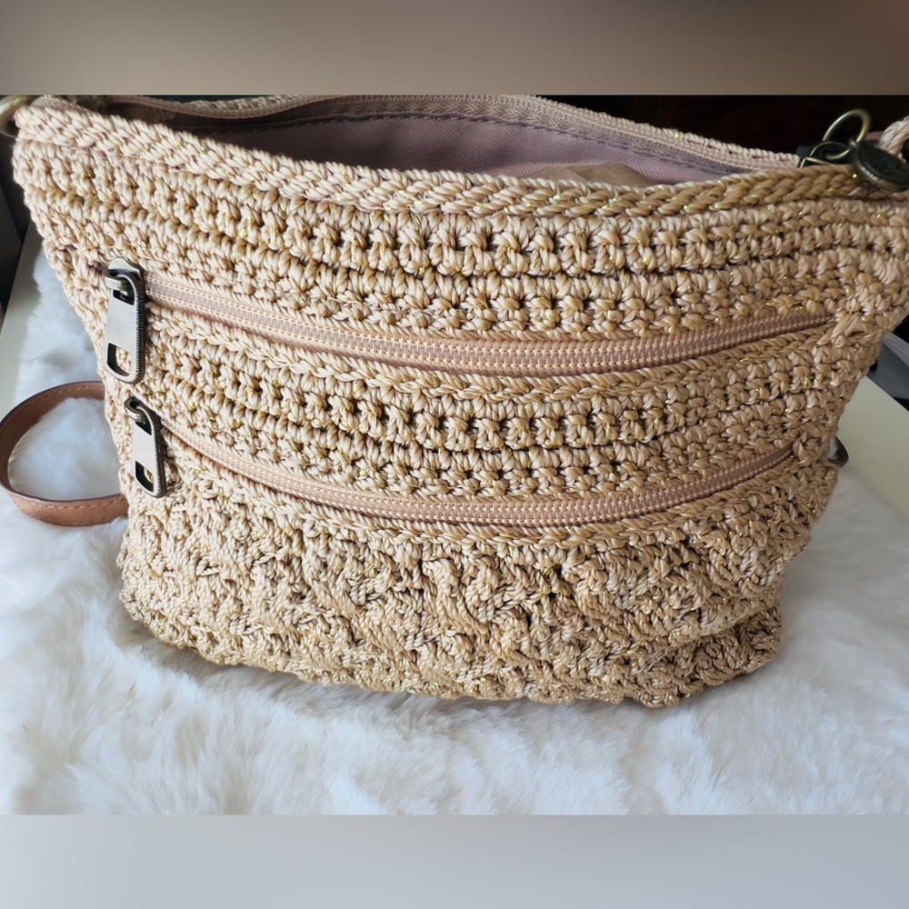 The Sak Beige with Gold Flecks Hand Crocheted Crossbody Shoulder Bag